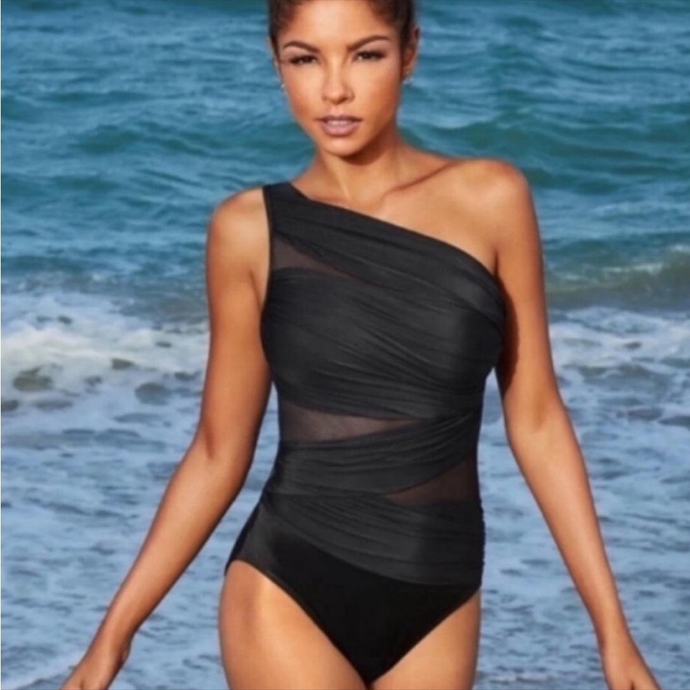 Miraclesuit Jena Sheer One shoulder Mesh Panel Slimming Swimsuit Black 8 EUC